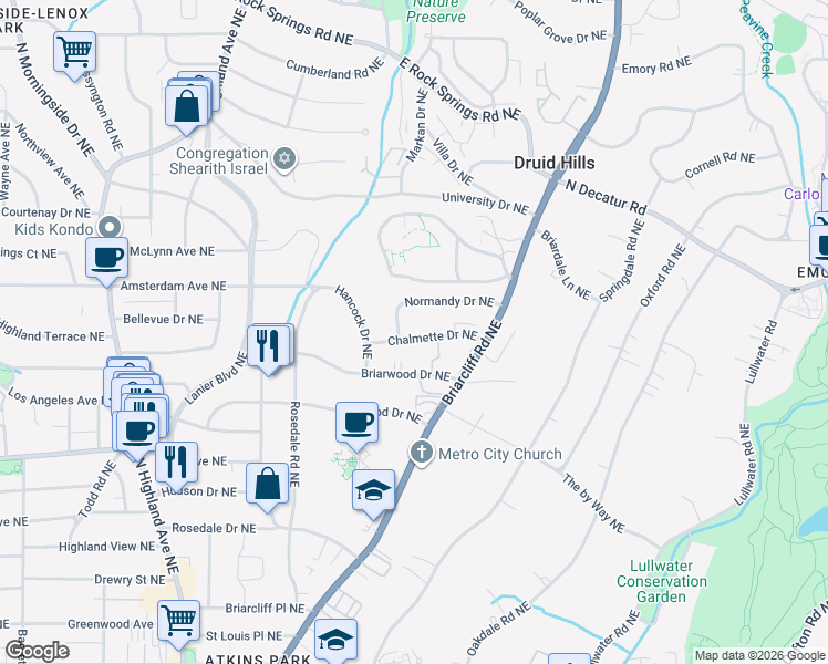 map of restaurants, bars, coffee shops, grocery stores, and more near 1336 Chalmette Drive Northeast in Atlanta