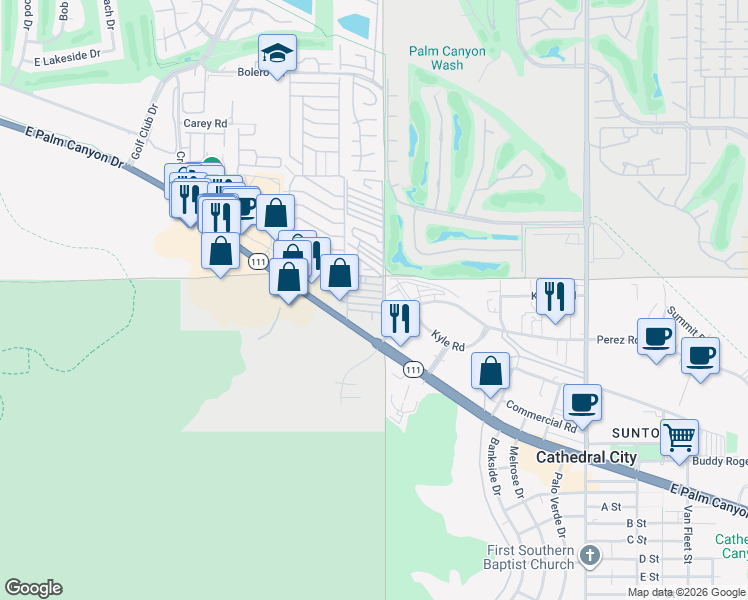 map of restaurants, bars, coffee shops, grocery stores, and more near 19 Roosevelt in Cathedral City