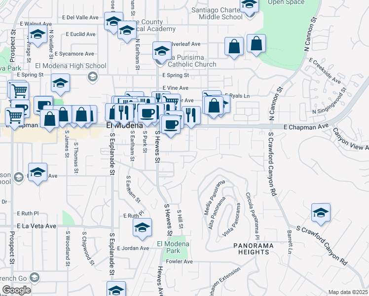 map of restaurants, bars, coffee shops, grocery stores, and more near 4705 East Washington Avenue in Orange
