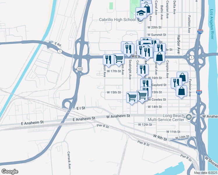 map of restaurants, bars, coffee shops, grocery stores, and more near 2156 West Gaylord Street in Long Beach