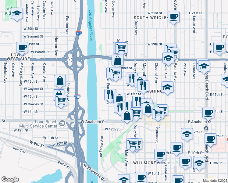 map of restaurants, bars, coffee shops, grocery stores, and more near 809 West 15th Street in Long Beach
