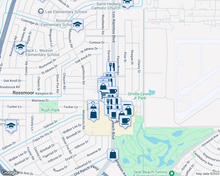 map of restaurants, bars, coffee shops, grocery stores, and more near 12161 Seal Beach Boulevard in Seal Beach