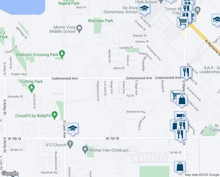 map of restaurants, bars, coffee shops, grocery stores, and more near 212 Noga Avenue in San Jacinto