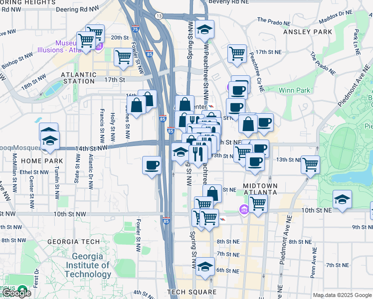 map of restaurants, bars, coffee shops, grocery stores, and more near 1140 Spring Street Northwest in Atlanta