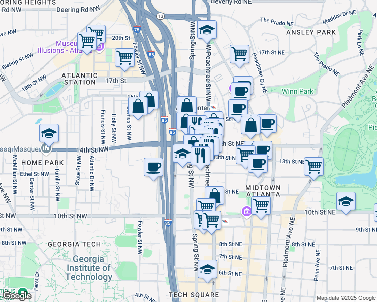 map of restaurants, bars, coffee shops, grocery stores, and more near in Atlanta