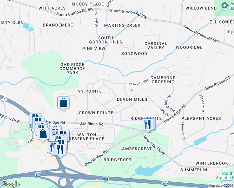 map of restaurants, bars, coffee shops, grocery stores, and more near 1493 Persimmon Log Court in Austell