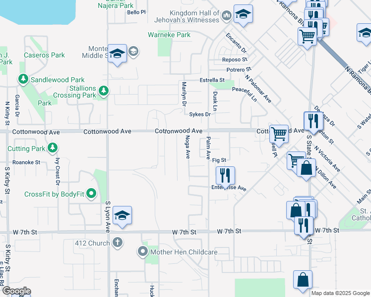 map of restaurants, bars, coffee shops, grocery stores, and more near 212 Noga Avenue in San Jacinto