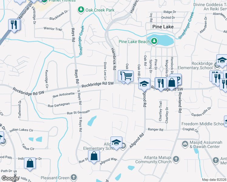 map of restaurants, bars, coffee shops, grocery stores, and more near 4154 Sheppard Crossing Way in Stone Mountain