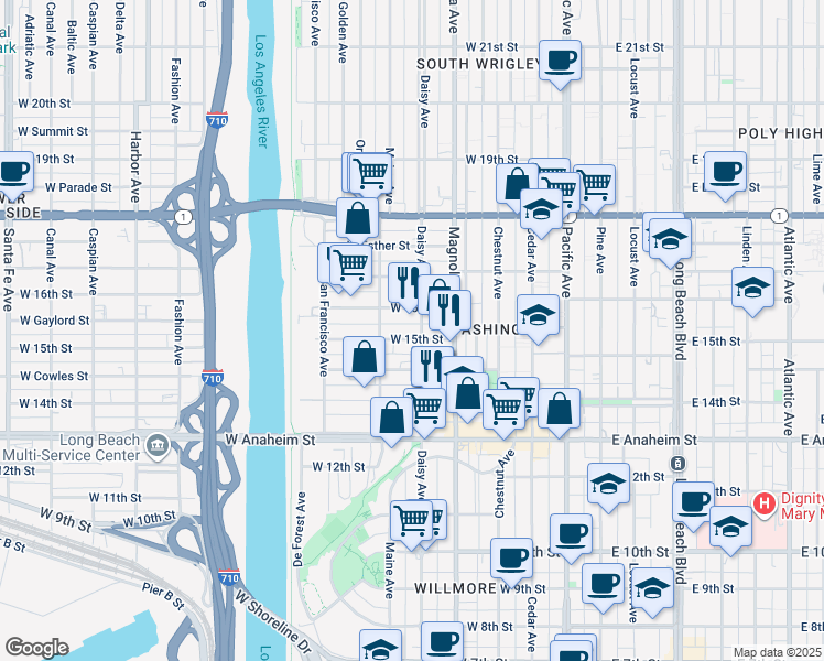 map of restaurants, bars, coffee shops, grocery stores, and more near 1501 Daisy Avenue in Long Beach