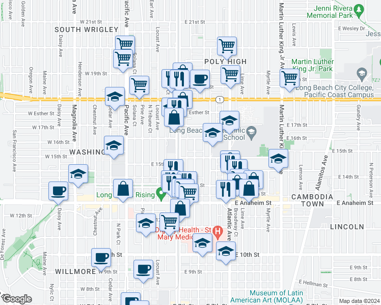 map of restaurants, bars, coffee shops, grocery stores, and more near 1541 Elm Avenue in Long Beach
