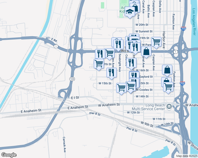 map of restaurants, bars, coffee shops, grocery stores, and more near 2156 West Gaylord Street in Long Beach