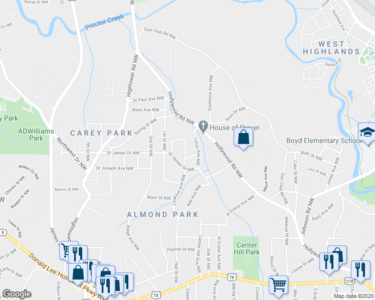 map of restaurants, bars, coffee shops, grocery stores, and more near 1145 Lookout Avenue Northwest in Atlanta
