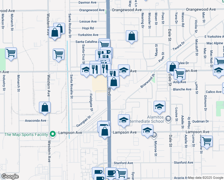 map of restaurants, bars, coffee shops, grocery stores, and more near 12120 State Route 39 in Stanton