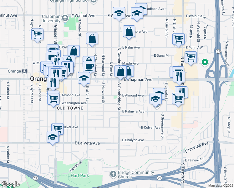 map of restaurants, bars, coffee shops, grocery stores, and more near 837 East Almond Avenue in Orange