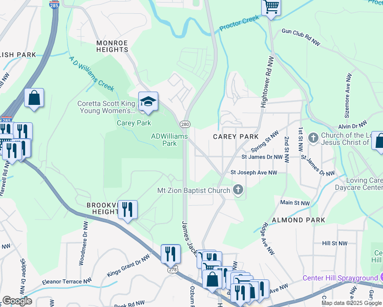 map of restaurants, bars, coffee shops, grocery stores, and more near 1142 Wedgewood Drive Northwest in Atlanta