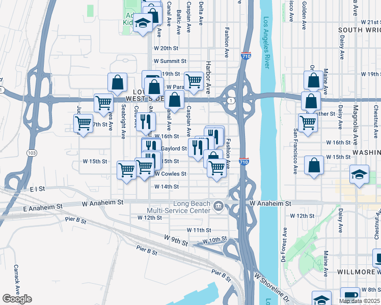 map of restaurants, bars, coffee shops, grocery stores, and more near 1520 Caspian Avenue in Long Beach