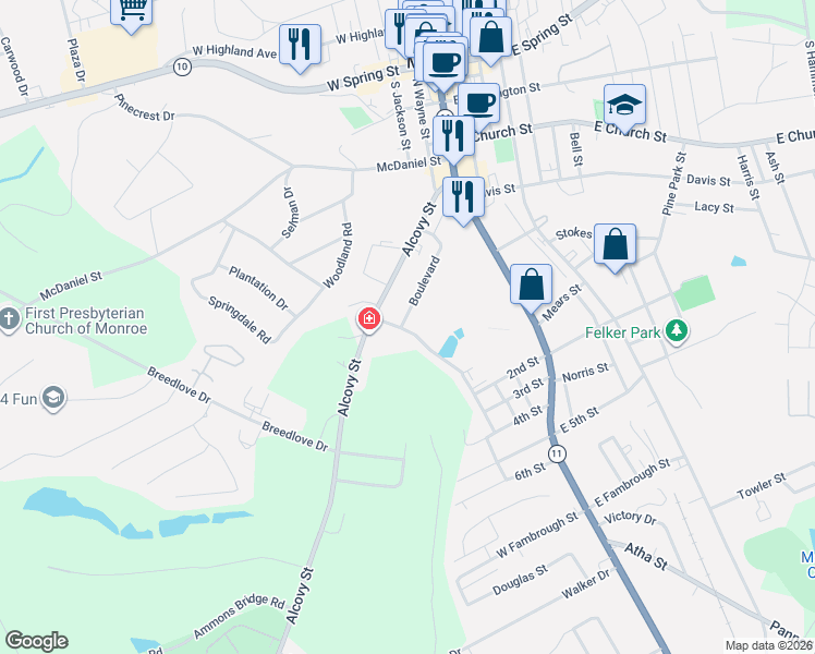 map of restaurants, bars, coffee shops, grocery stores, and more near 401 Barrett Street in Monroe