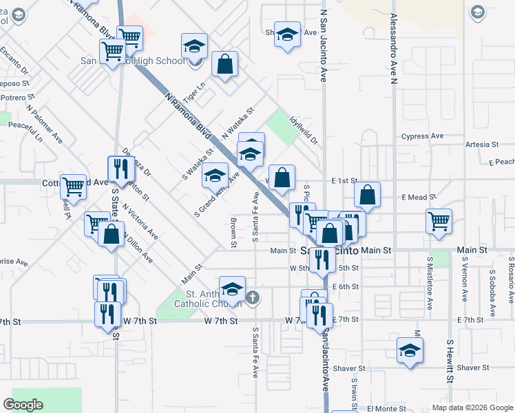 map of restaurants, bars, coffee shops, grocery stores, and more near 171 South Santa Fe Avenue in San Jacinto