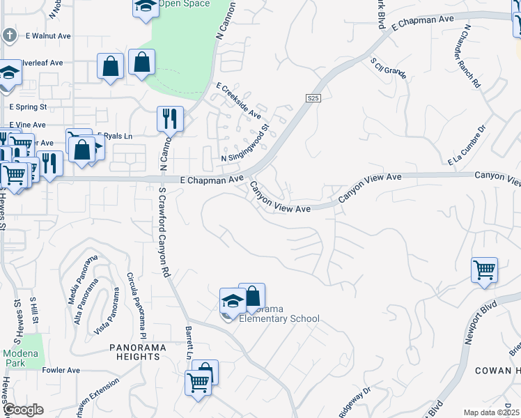 map of restaurants, bars, coffee shops, grocery stores, and more near 5931 East Rocking Horse Way in Orange