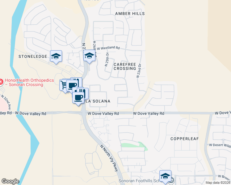 map of restaurants, bars, coffee shops, grocery stores, and more near 2437 West Red Range Way in Phoenix