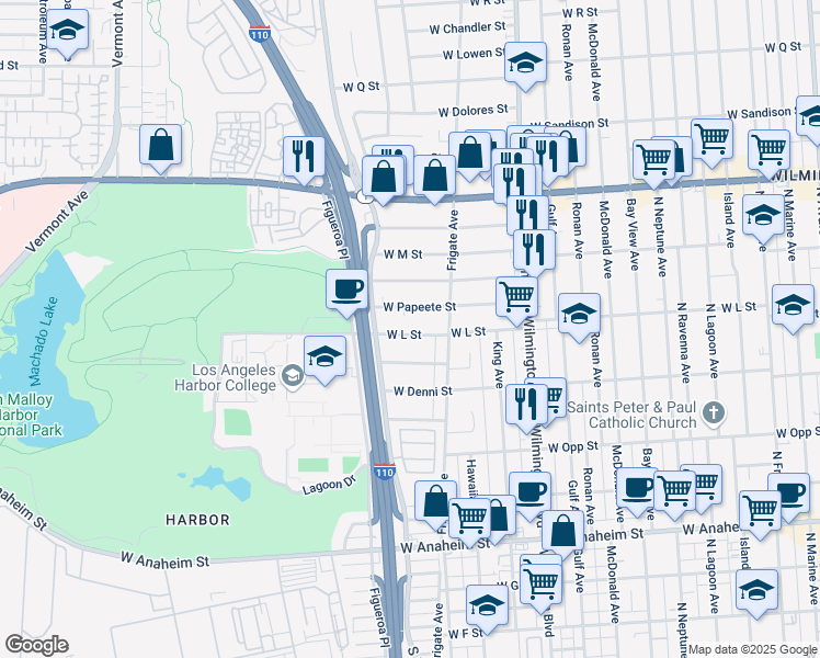 map of restaurants, bars, coffee shops, grocery stores, and more near 1241 West L Street in Los Angeles
