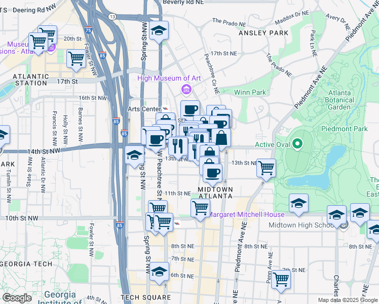 map of restaurants, bars, coffee shops, grocery stores, and more near 62 13th Street Northeast in Atlanta