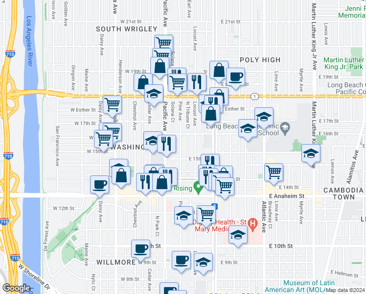 map of restaurants, bars, coffee shops, grocery stores, and more near 1544 Pine Avenue in Long Beach