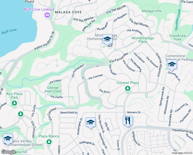 map of restaurants, bars, coffee shops, grocery stores, and more near 1812 Vía Coronel in Palos Verdes Estates
