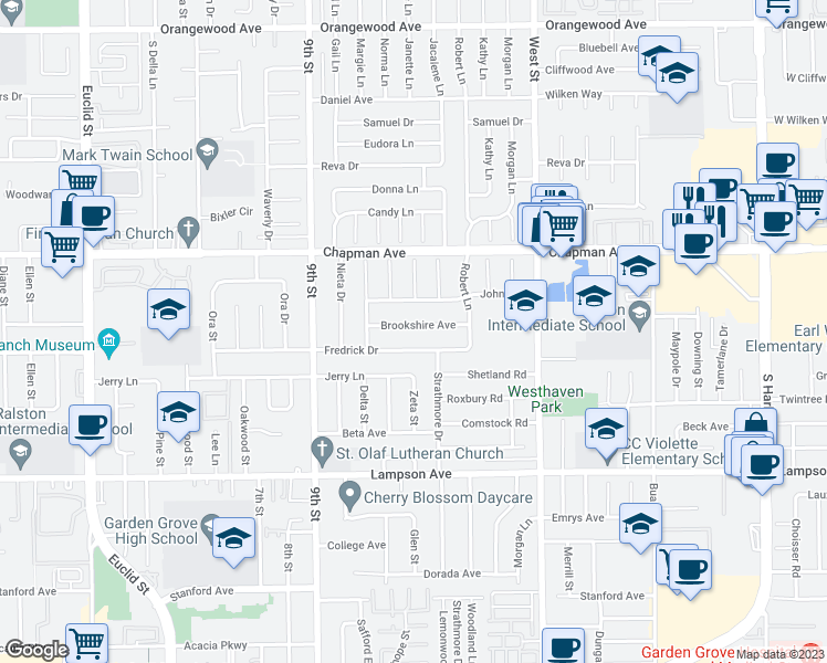 map of restaurants, bars, coffee shops, grocery stores, and more near 11712 Brookshire Avenue in Garden Grove