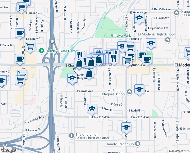 map of restaurants, bars, coffee shops, grocery stores, and more near 2811 Burly Avenue in Orange