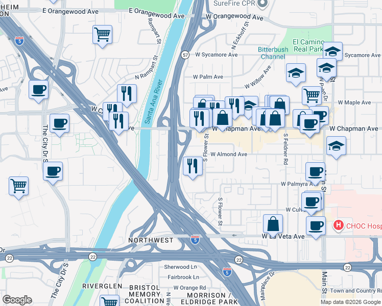 map of restaurants, bars, coffee shops, grocery stores, and more near 2403 West Almond Avenue in Orange