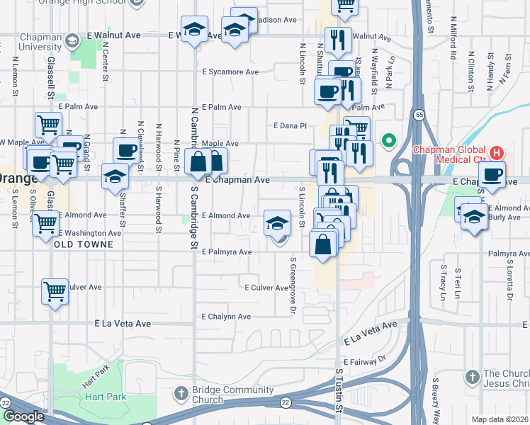 map of restaurants, bars, coffee shops, grocery stores, and more near 1207 East Almond Avenue in Orange