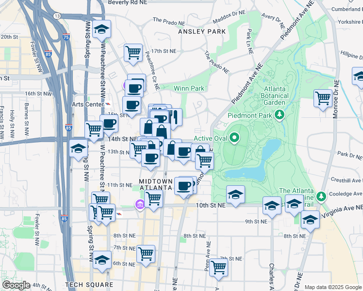 map of restaurants, bars, coffee shops, grocery stores, and more near 195 14th Street Northeast in Atlanta