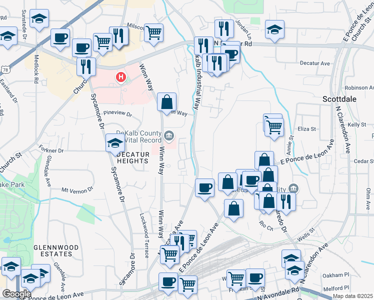 map of restaurants, bars, coffee shops, grocery stores, and more near 10 Rimington Lane in Decatur