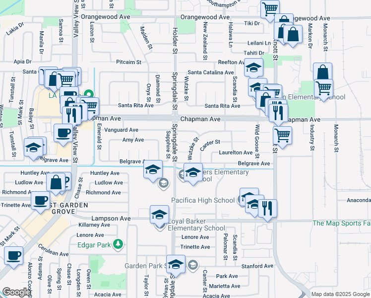map of restaurants, bars, coffee shops, grocery stores, and more near 6570 Laurelton Avenue in Garden Grove