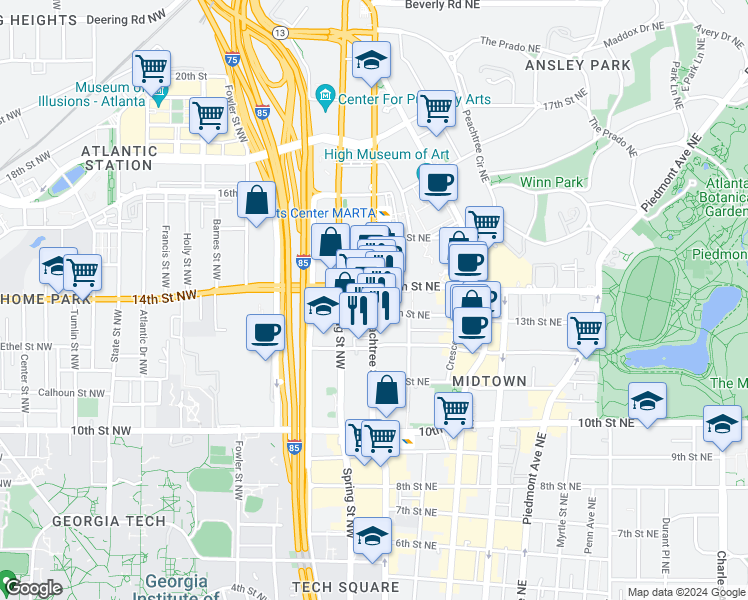map of restaurants, bars, coffee shops, grocery stores, and more near 1145 West Peachtree Street Northwest in Atlanta