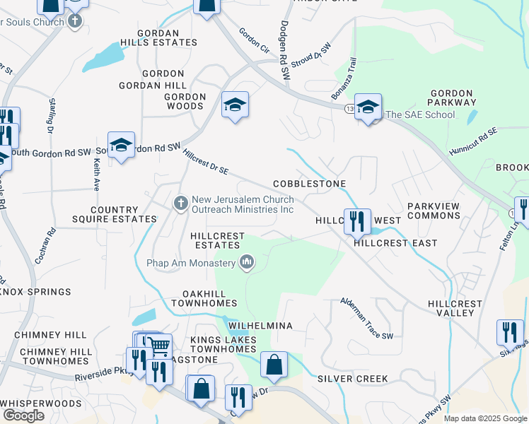 map of restaurants, bars, coffee shops, grocery stores, and more near 231 Hillcrest Drive Southeast in Austell