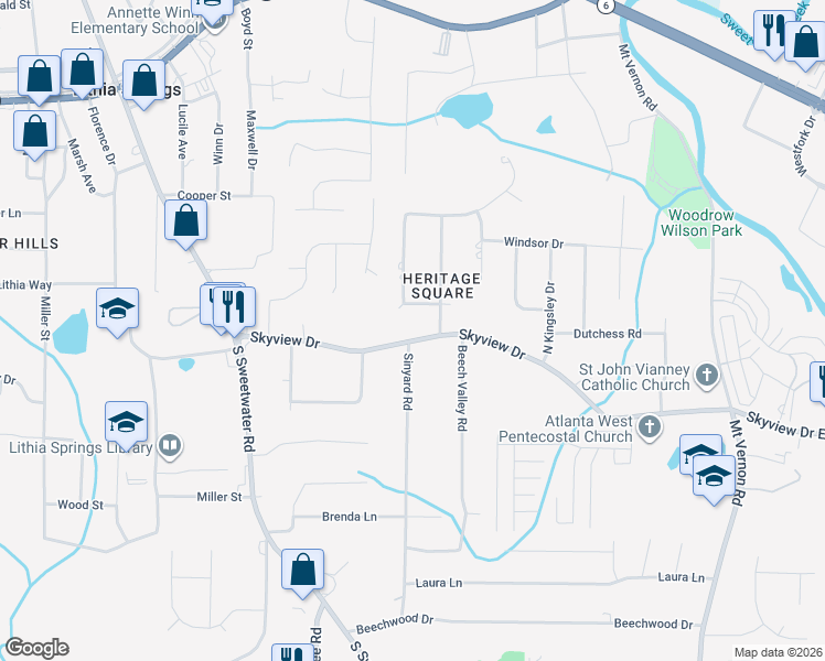 map of restaurants, bars, coffee shops, grocery stores, and more near 3261 Skyview Drive in Lithia Springs