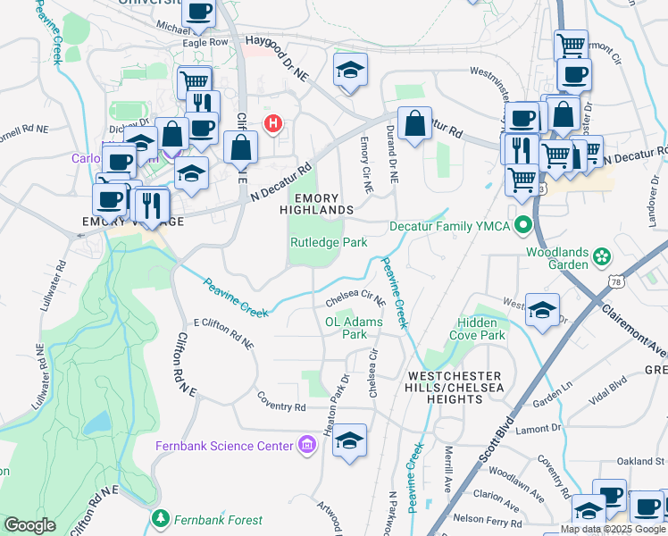 map of restaurants, bars, coffee shops, grocery stores, and more near 1783 Ridgewood Drive Northeast in Atlanta