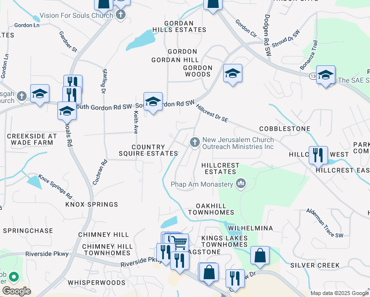map of restaurants, bars, coffee shops, grocery stores, and more near 7002 Shenandoah Trail in Austell