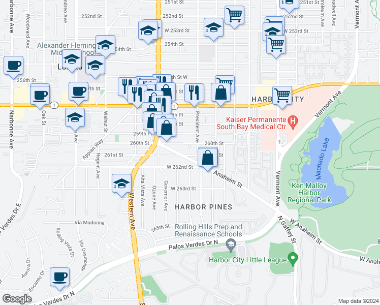 map of restaurants, bars, coffee shops, grocery stores, and more near 1617 West 261st Street in Los Angeles
