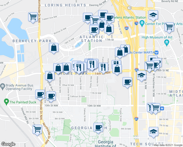 map of restaurants, bars, coffee shops, grocery stores, and more near 14th St NW & State St NW in Atlanta