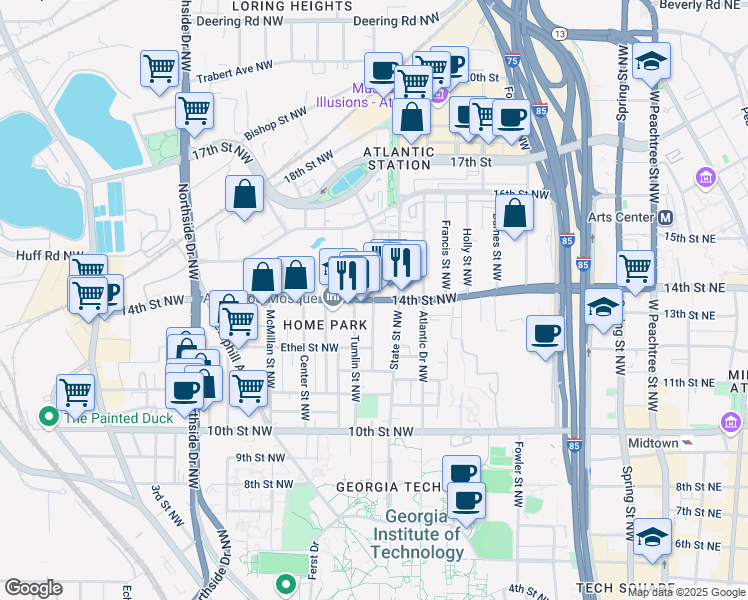 map of restaurants, bars, coffee shops, grocery stores, and more near 14th Street Northwest in Atlanta