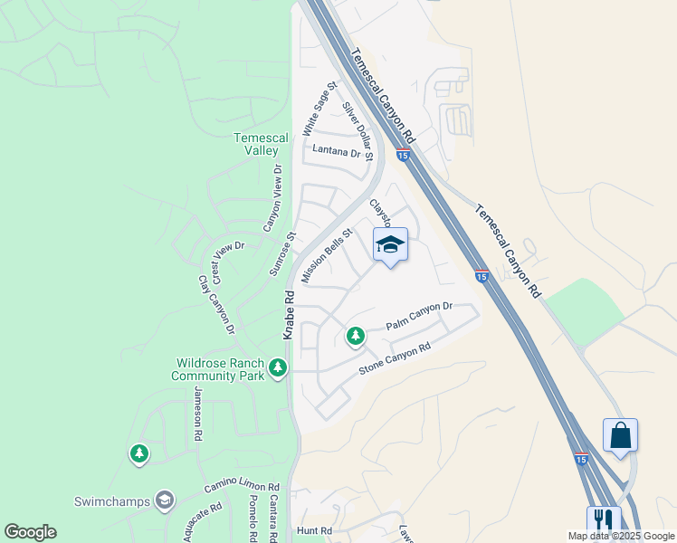 map of restaurants, bars, coffee shops, grocery stores, and more near 22954 Zinnia Circle in Corona