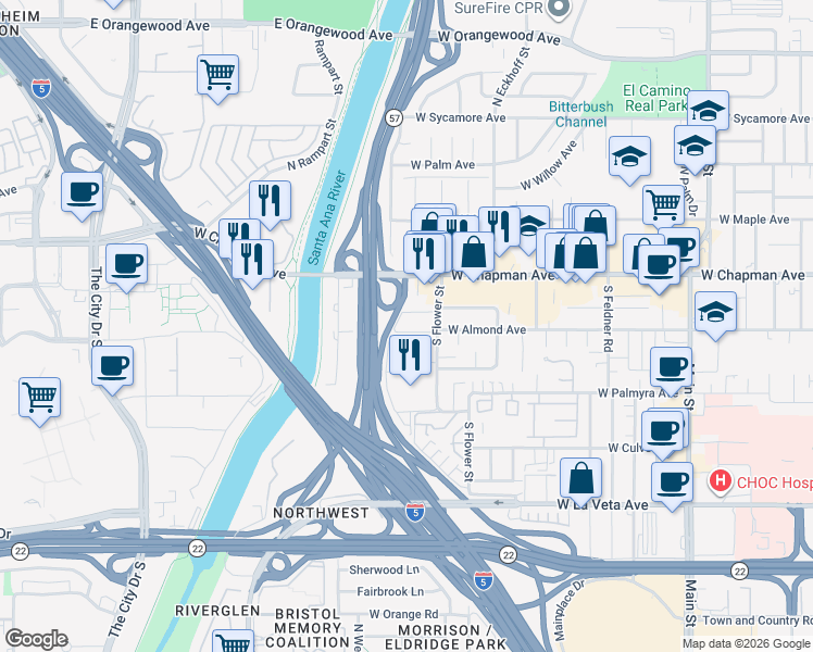 map of restaurants, bars, coffee shops, grocery stores, and more near 2403 West Almond Avenue in Orange