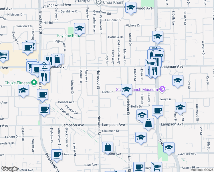 map of restaurants, bars, coffee shops, grocery stores, and more near 10602 Artcraft Avenue in Garden Grove