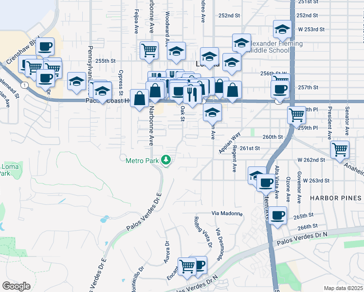 map of restaurants, bars, coffee shops, grocery stores, and more near 26016 Oak Street in Lomita