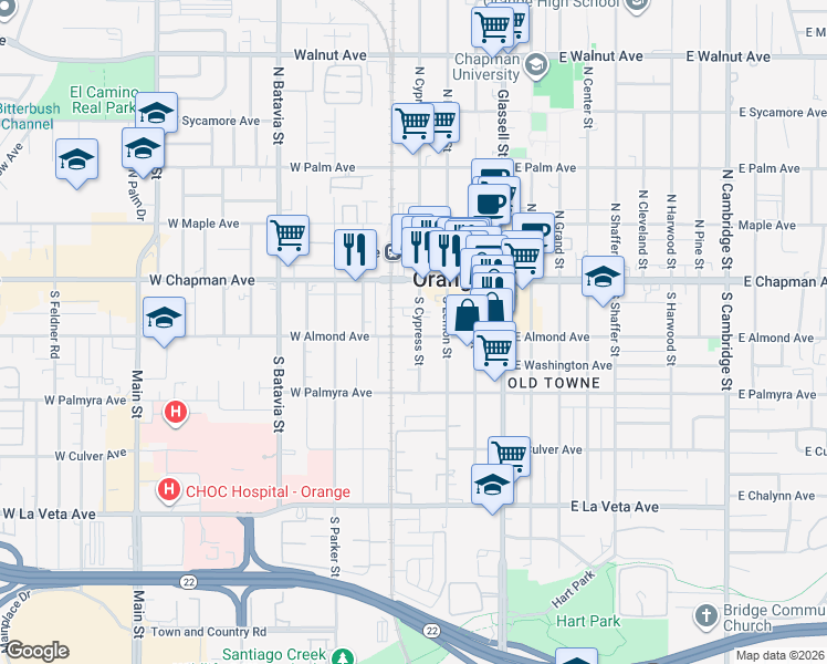 map of restaurants, bars, coffee shops, grocery stores, and more near 416 West Almond Avenue in Orange
