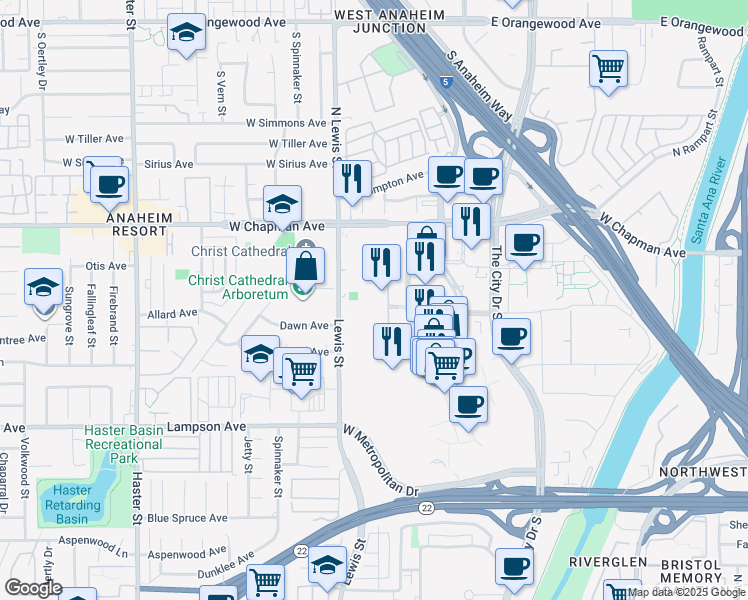 map of restaurants, bars, coffee shops, grocery stores, and more near 220 City Boulevard West in Orange