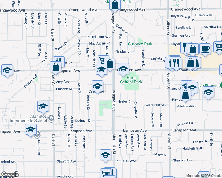 map of restaurants, bars, coffee shops, grocery stores, and more near 12162 Aero Drive in Garden Grove